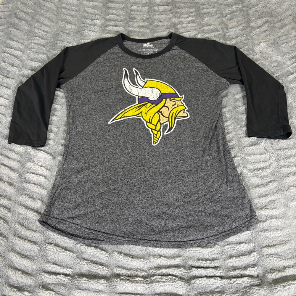 Majestic Minnesota Vikings Adam Thielen 19 Raglan 3/4 Sleeve Shirt Gray Womens L